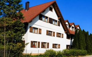 a white building with a red roof at BodenSEE Haus am Geissbock in Meckenbeuren