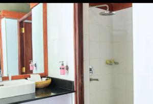 a bathroom with a sink and a shower at La Maison Mara in Ololaimutiek
