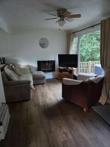 a living room with two couches and a flat screen tv at Waters Edge Lodge in Caeathro