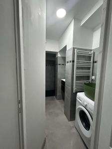 a bathroom with a washing machine and a sink at appartement 4 pers,tout confort, randonnée, vélo, nature, visite in Laveissière +4 photos