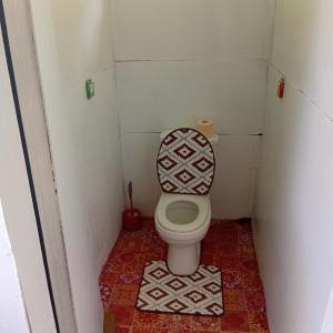 a small bathroom with a toilet with the lid up at Pelly Homestay Adventure in Taveuni