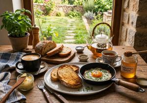 a table topped with a plate of eggs and toast at Shios kari in Glola