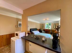 a room with a bed and a kitchen with a microwave at Chez Chagall cozy studio in Sarlat-la-Canéda