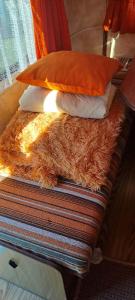 a bed with some pillows on top of it at Chez Flo&Fred Caravane Vintage in Barbery