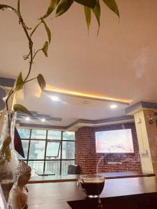 a living room with a flat screen tv on the ceiling at Guru hotel and lodge in Itahari +16 photos