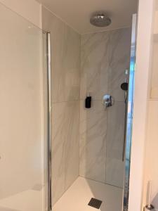 a shower with a glass door in a bathroom at Studio duplex avec spa et cour privée in Bonnelles +17 photos