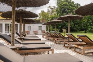 a row of lounge chairs and umbrellas on a deck at Elisefarm in Fogdarp
