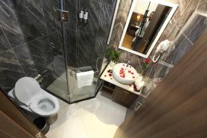 a bathroom with a shower and a toilet and a sink at Dai Phat Luxury Hotel & Apartment in Hanoi