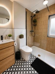 a bathroom with a toilet and a tub and a sink at The Viking Townhouse - Heart of Waterford in Waterford