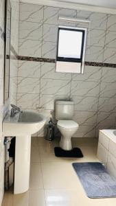 a bathroom with a sink and a toilet and a mirror at Khopolong Estates in Berea Hills