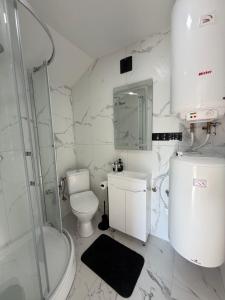 a white bathroom with a shower and a toilet at Alpine in Skhidnitsa +10 photos