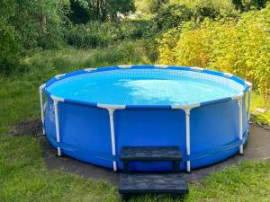 a large blue trampoline in the grass at Gästescheune Rubitz in Rubitz