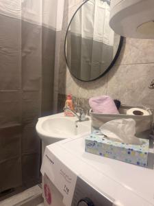 a bathroom with a sink and a box on a counter at Mia’s duplex apartment in Skopje