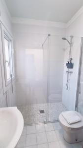 a white bathroom with a shower and a toilet at Le Mondine in Scardovari