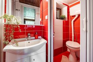 a red bathroom with a sink and a toilet at Cottage Owl  +13 photos