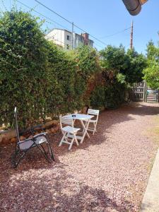 a table and two chairs sitting next to a hedge at Il Gelso Casa Vacanze in Piombino +9 photos