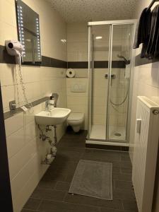 a bathroom with a shower and a sink and a toilet at WaldGold Aparthotel in Nagold +3 photos