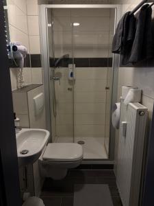 a bathroom with a shower and a toilet and a sink at WaldGold Aparthotel in Nagold