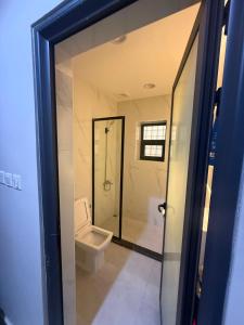 a bathroom with a toilet and a walk in shower at ليالينا in Dammam
