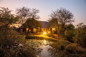 a house with a pond in front of it at Lions Place in Grietjie Game Reserve