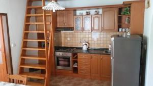 a kitchen with a ladder next to a refrigerator at Apartmán Marcel - Súľov in Súľov