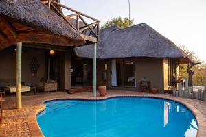 a villa with a swimming pool in front of a house at Lions Place in Grietjie Game Reserve