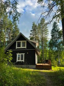 a small black house in the middle of a forest at Norppa Lake Resort in Savonlinna