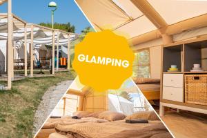 a collage of pictures of a tent with beds at Mara Lake Cabins - Mara Camping in Liptovský Trnovec