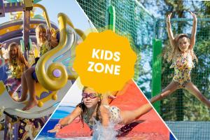 a collage of photos of children playing at a water park at Mara Lake Cabins - Mara Camping in Liptovský Trnovec