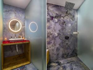 a bathroom with a sink and a shower at DSR Pink Suites in Hyderabad