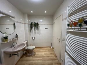 a bathroom with a sink and a toilet and a mirror at The 8th in Léglise +27 photos