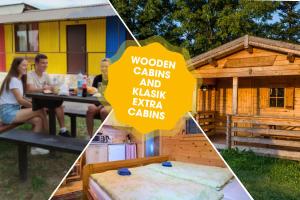 a collage of pictures of a wooden cabin and a table with a sign at Mara Lake Cabins - Mara Camping in Liptovský Trnovec +121 photos