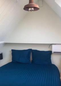 a bed with blue pillows and a light above it at Starlette MelleRosePlace bij Cécile in Hoeksken