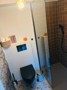 a bathroom with a black toilet and a shower at Between hills and home in Trooz