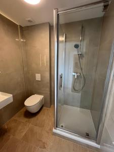 a bathroom with a shower and a toilet and a sink at Hotel Ruble in Homburg