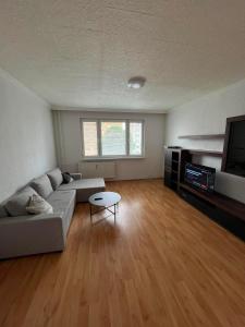 a living room with a couch and a tv at BardiHome in Bardejov