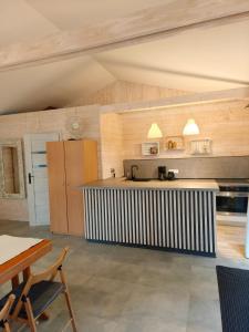 a large kitchen with wooden walls and a counter top at Villa Antoja in Grzybowo