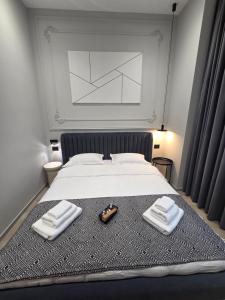 a bedroom with a bed with two towels on it at Motty Residence in Vicovu de Sus +18 photos