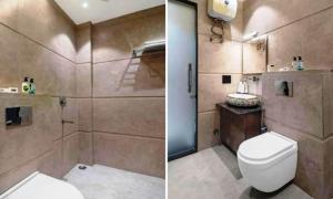 two pictures of a bathroom with a toilet and a shower at Hotel shanti palace in Agra