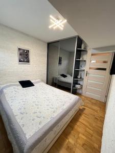 a bedroom with a bed and a large mirror at Strzelce in Strzelce Krajeńskie