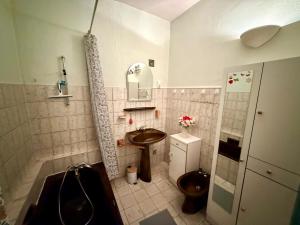 a bathroom with a sink and a toilet and a mirror at L'intemporel Chez Mémé - Centre - Saint Etienne in Saint-Étienne +25 photos