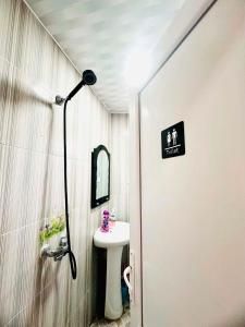 a bathroom with a sink and a shower and a toilet at Budget Home in Kutaisi
