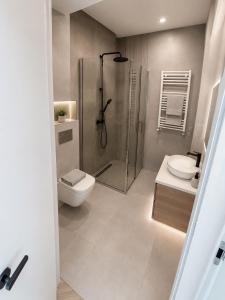a bathroom with a shower and a toilet and a sink at Nad Zatoką Apartament 340 in Olsztyn