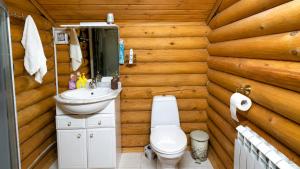 a bathroom with a toilet and a sink in a log cabin at Дом рыбака Маяки Ватер Сити Днестр in Mayaki