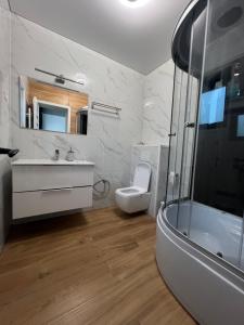 a bathroom with a toilet and a sink and a shower at IUNIk in Azuga +14 photos