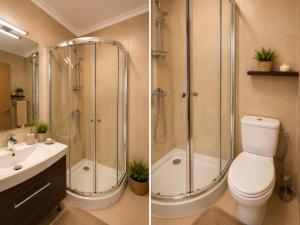 a bathroom with a shower and a toilet and a sink at Spacious 2 bedroom apartment in Balchik +2 photos