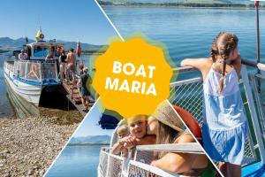a collage of photos of people on a boat on the water at Apartments by Mara Holiday in Liptovský Mikuláš