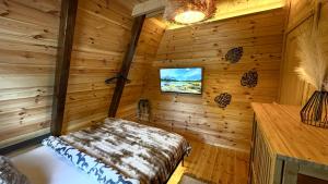 a log cabin bedroom with a bed and a tv at Horizons by PeaksView Chalets in Žabljak