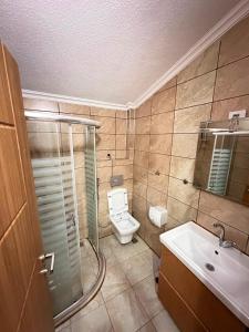a bathroom with a toilet and a shower and a sink at Koç Motel in Uzungöl +74 photos