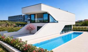 a white house with a swimming pool in front of it at Villa Lunga Novalja in Novalja
